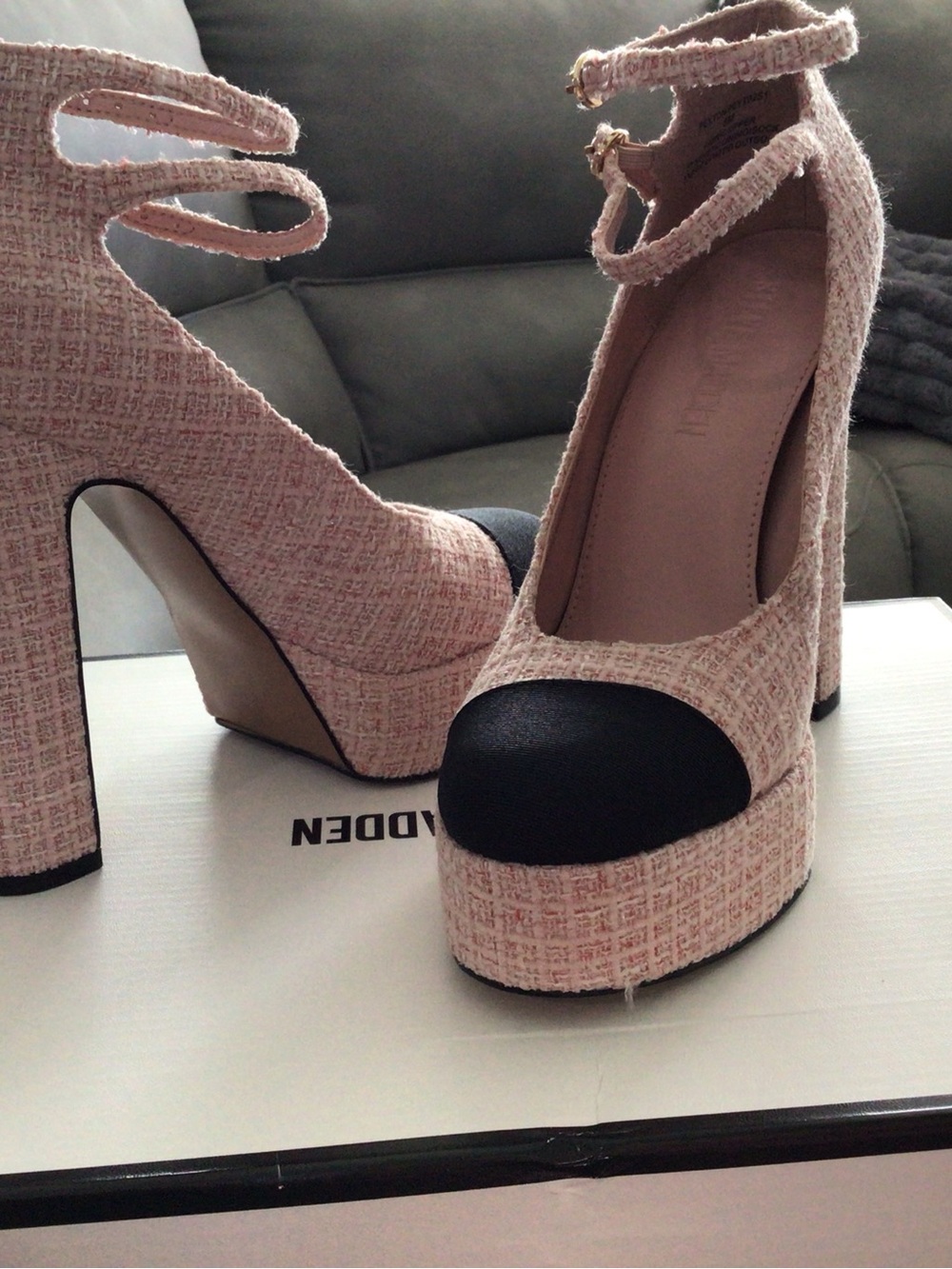 Steve Madden Pink Tweed Platform Pumps with Black Cap Toe